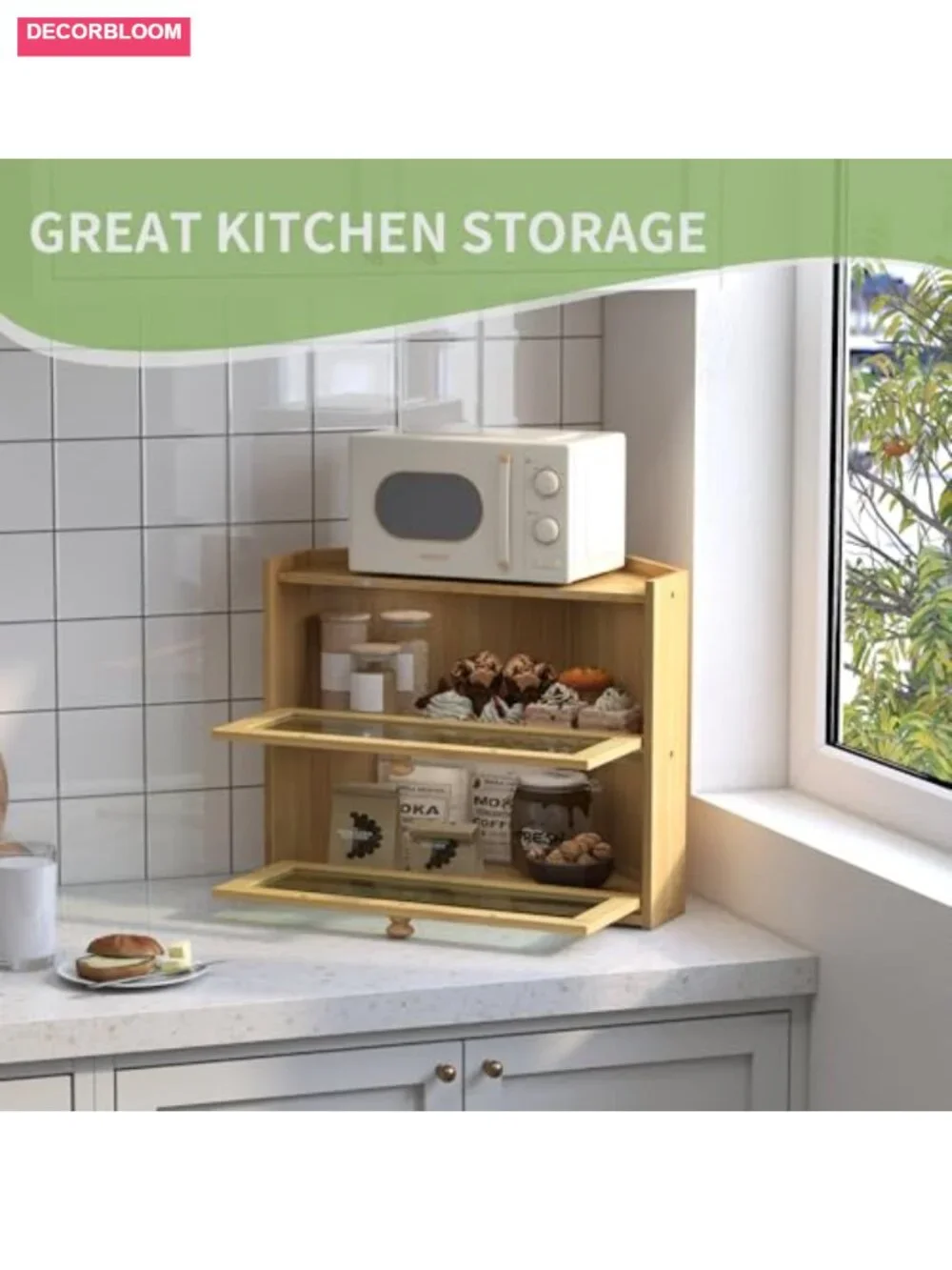 Large Corner Bread Box with Bamboo Material and Magnetic Latch
